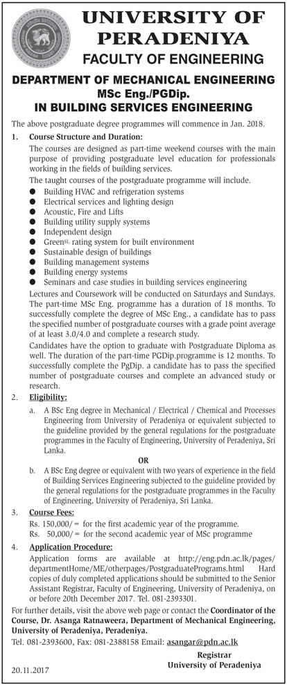 MSc.Eng. / PGDip in Building Services Engineering - Faculty of Engineering - University of Peradeniya